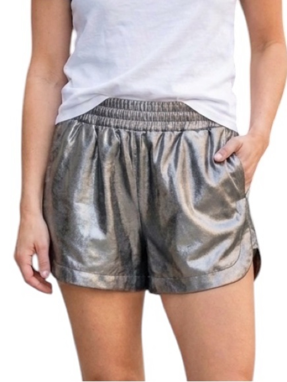 NOISY MAY New Metallic Silver Effi Dolphin Hem Disco Shorts Pockets Size Medium